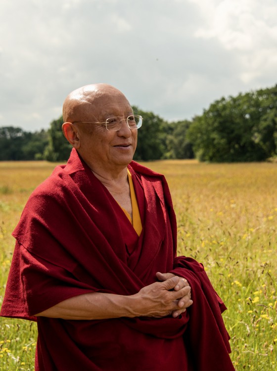 Chokyi Nyima Rinpoche Tibetan Buddhism in the fields at Gomde UK.