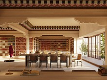 Computer generated image of a Buddhist library with books on religion, culture, nature and the surrounding area of Yorkshire, UK/