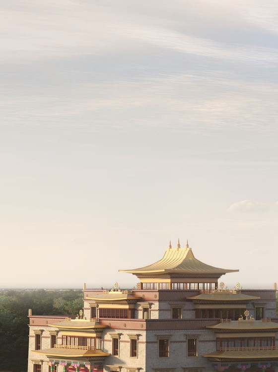 Architect impression of the new Buddha temple with golden hue.