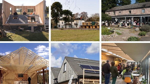 Collage of six photographs of volunteers doing building and construction work at Buddhist centre.