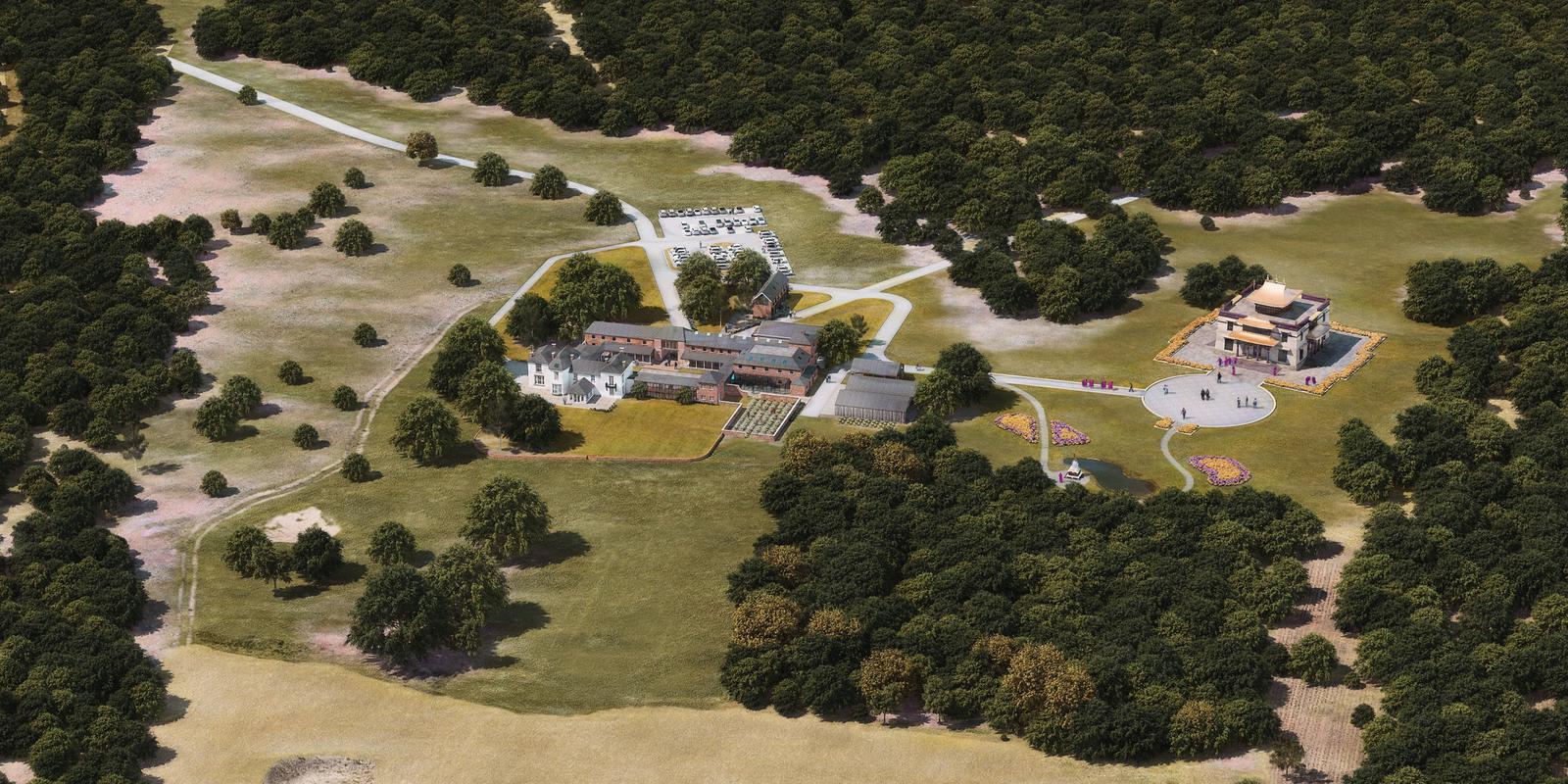 Aerial architects impression of the Tibetan Buddhist (Nyingma Kargu tradition) monastery and temple in England, UK.