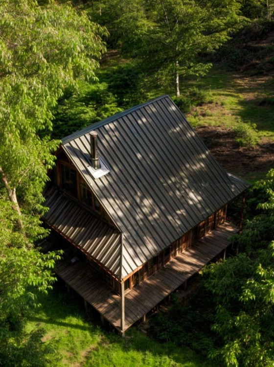 Drone image from a wooden solitary individual retreat cabin in the orchards at a Buddhist Centre.