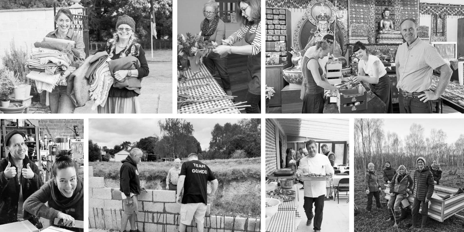 Collage of black and white photgraphs of volunteers at Buddhist Centre in Yorkshire, England, UK.
